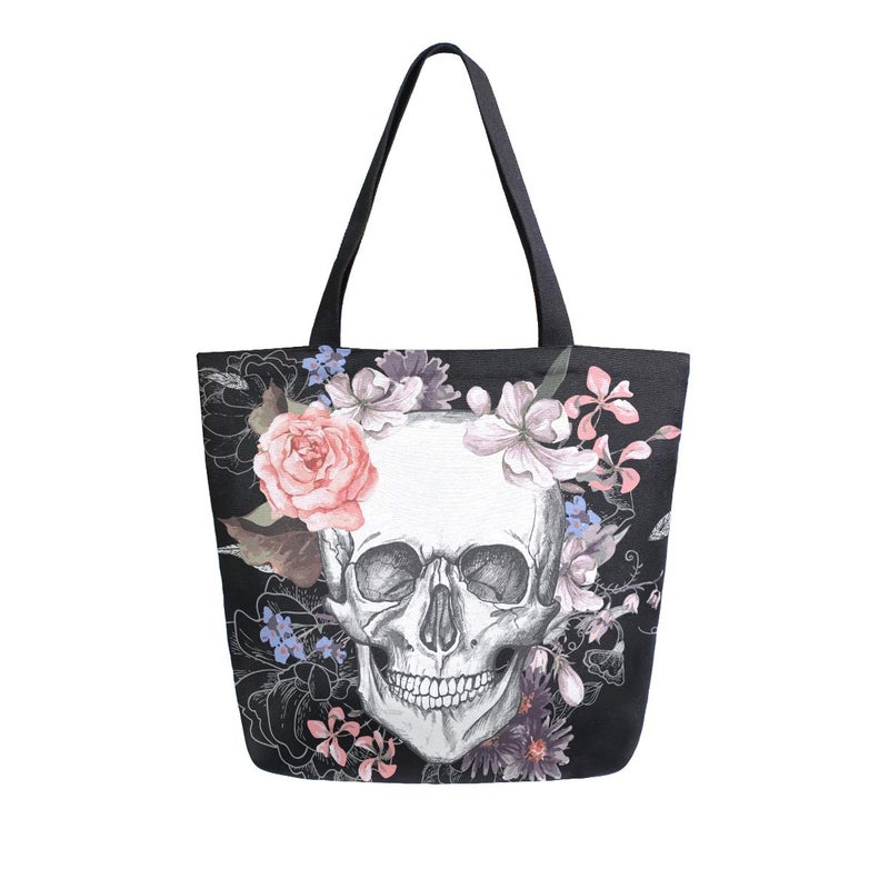 Naanle Day of The Dead Canvas Tote Bag - Large Women's Casual Shoulder Handbag, Floral Skull Reusable Multipurpose Heavy Duty Shopping Grocery Cotton Bag for Outdoors - Image 1